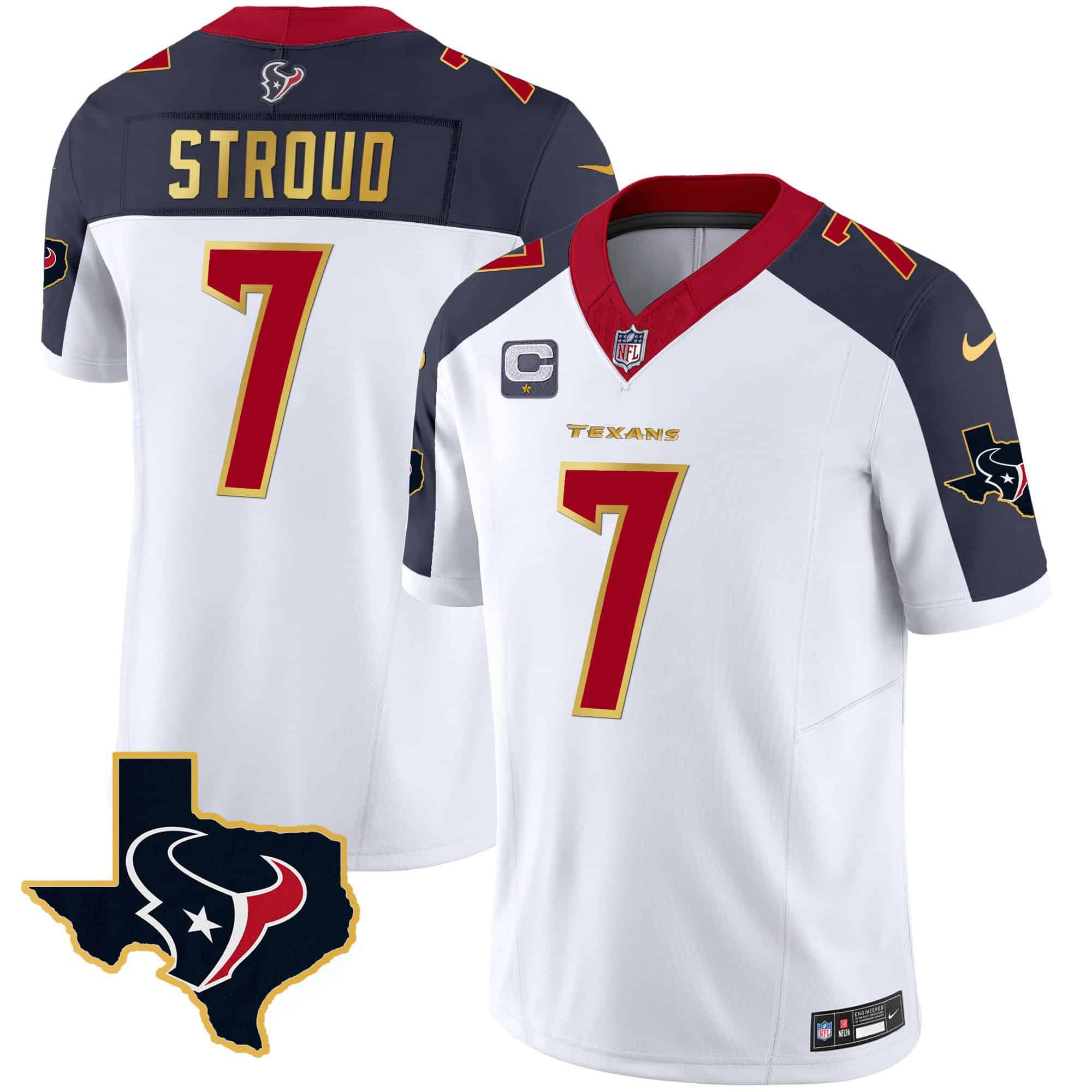 Men Houston Texans #7 Stroud White Gold 2024 Nike Trim Vapor NFL Jersey style 2